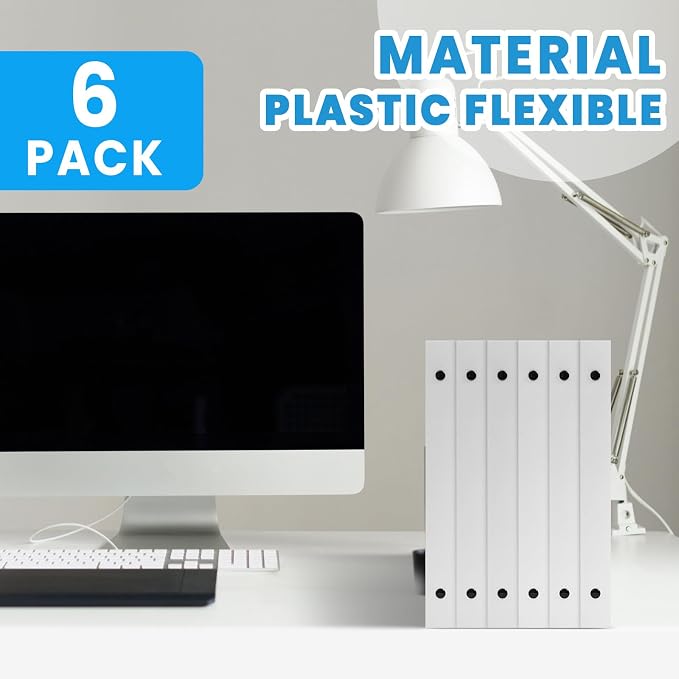 Henoyso 1 Inch 6 Pack Mini Clear View 3 Ring Binders for 5.5"x8.5",White | Holds 240 Sheets, Clear Front Covers, Flexible Plastic Binder Bulk, Three Round Rings, School Office Report Filing, Planners