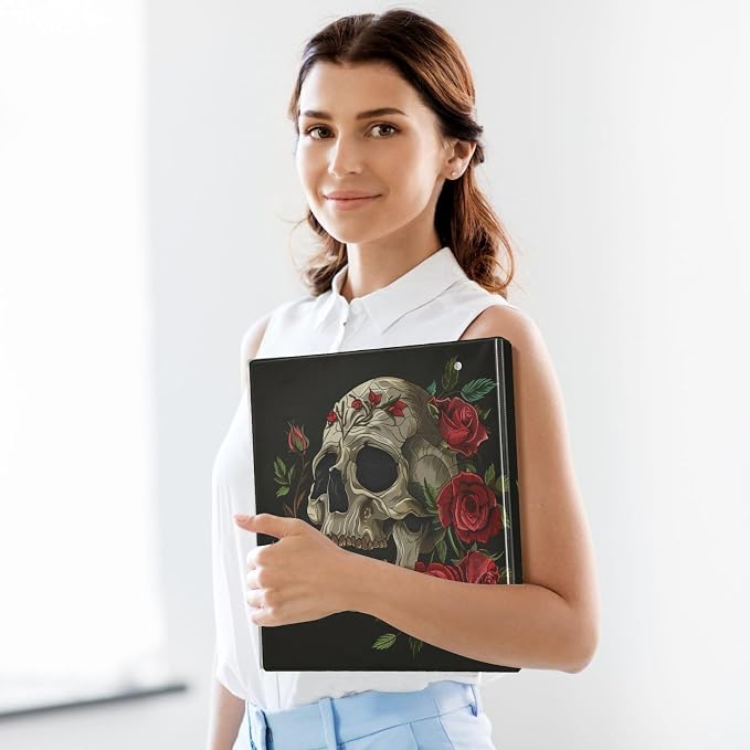 3 Ring Binder Gothic Skull Flowers 1.5 Inch Three Ring Binder | Cute Binder with 3 Storage Pockets for Women School Office Supplies