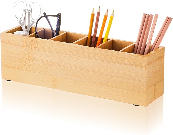 Jetec Wooden Pencil Pen Holder for Desk 6 Compartments Cosmetic Makeup Brush Stationery Office Desktop Organizers for Countertop Adjustable Silverware Caddy for Party, Art Supplies,Home(Bamboo)