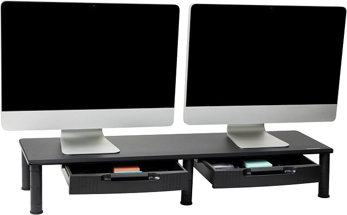 Mind Reader Dual Monitor Stand, Height Adjustable, Desktop Organizer, Laptop Riser, Office, 38.5"L x 11"W x 2.55-6.5"H, Black