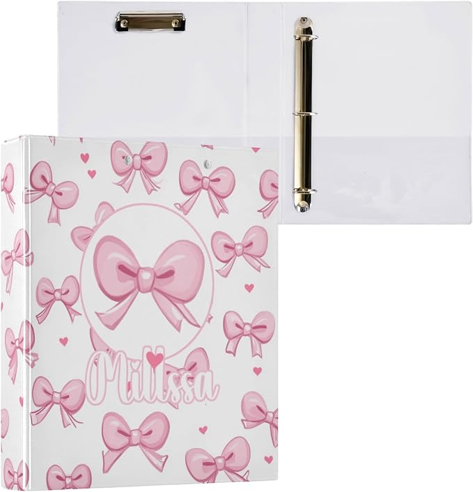 Pink Bows 2 3 Ring Binder with Clipboard Round Ring Binders Name Custom Binder 3 Interior Clear Pockets for Office Supplies 1 Pack