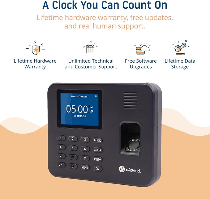 uAttend RE2000 Biometric Time Clock for Employees – Fingerprint + PIN Punching, Wi‑Fi Cloud Time & Attendance System with Offline Storage, Payroll-Ready – Small Business Time Tracking
