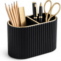 PU Leather Desk Organizer Pen Holder – Dual-Compartment Stylish Pencil Cup Remote Control Holder Desktop Supplies and Accessories Organizer Caddy for Office Home School (Black)