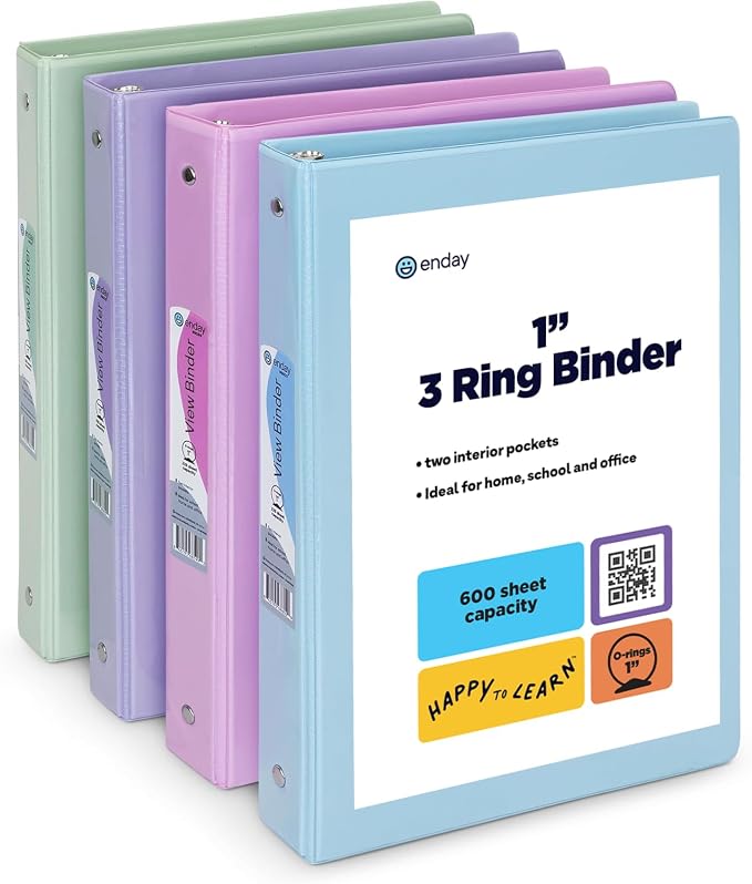 Enday 1 Inch Binder - 1 Inch 3 Ring Binder, Round Ring Pastel with Clear View Cover for Letter Size 8.5 x 11'' Paper & 2 Inside Pockets, for School Supplies, Office, & Home - 4 Pack