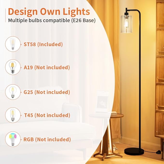 Ziisee Floor Lamps for Living Room - Standing Lamp with Grey Glass Shade, Modern Floor Lamp with LED Bulbs, Industrial Floor Lamp for Bedroom, Black Tall Lamp for Office(Light Bulb Included)