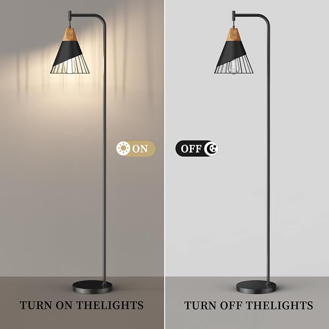 67" Industrial Floor Lamp with Wood & Black Metal Shade, Modern Standing Lamp, Rustic Farmhouse Tall Lamp for Living Room Bedroom Office, 2700K Bulb & Foot Switch Included (Black)