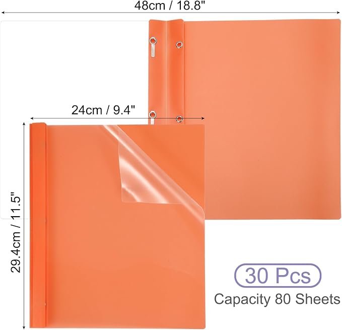 PATIKIL Plastic Report Covers with Prong, 30 Pcs 80 Sheet Clear Front Presentation Binders with 3 Metal Prong Fasteners Report Folder for Resume Documents Files Letter, Orange