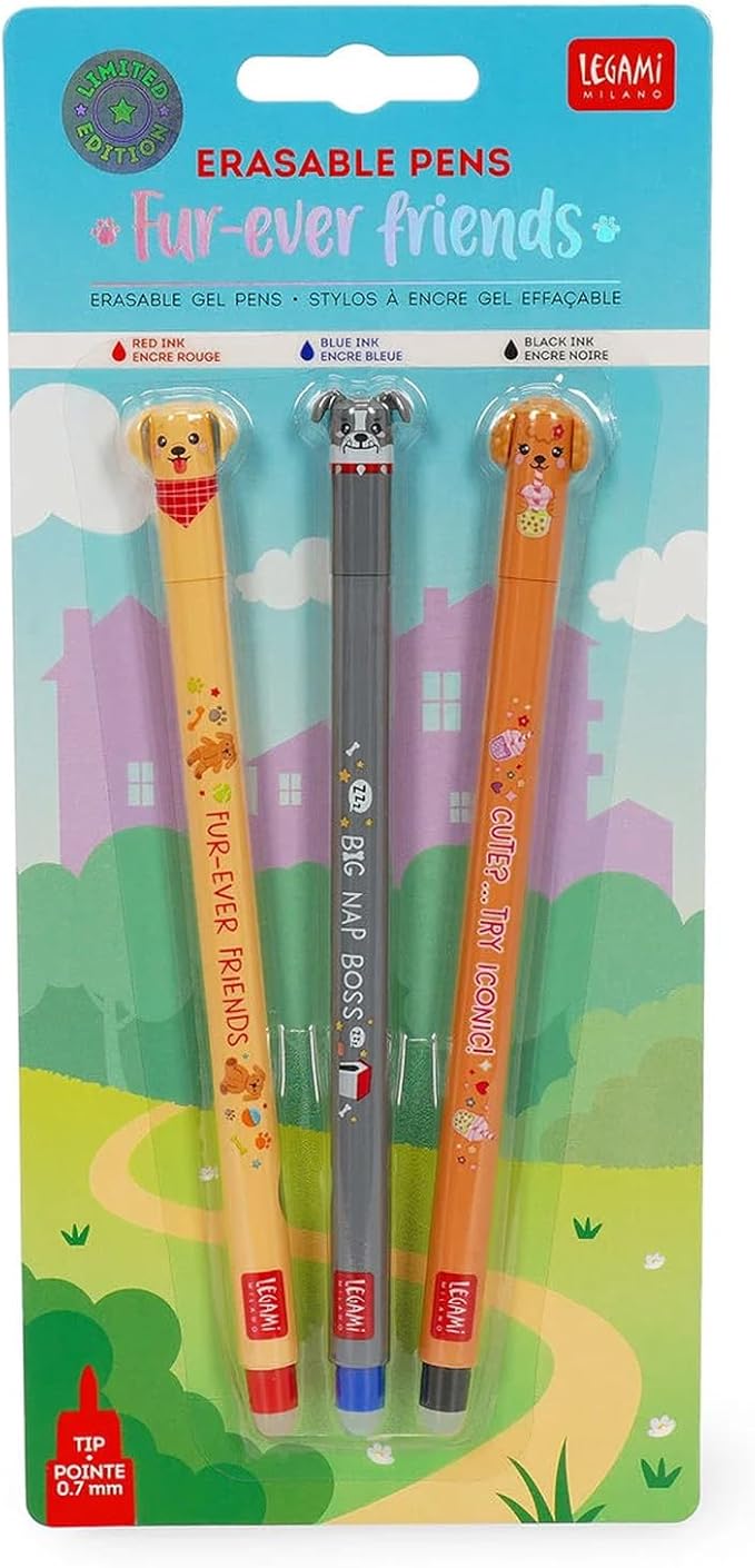 LEGAMI Fur-ever Friends + Farm Sweet Farm Set of 7 Erasable Gel Pens with Heat Sensitive Ink, Coloured Ink and Animal Theme Designs, 0.7mm Tip, Dogs and Farmyard Animals