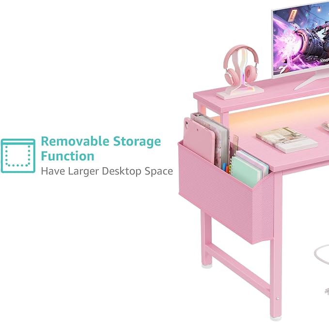Lufeiya Girls Desk with Power Outlets and LED Lights, 40 Inch Gaming Desk Table with Charging Station, Home Office Computer Desks with Monitor, Pink