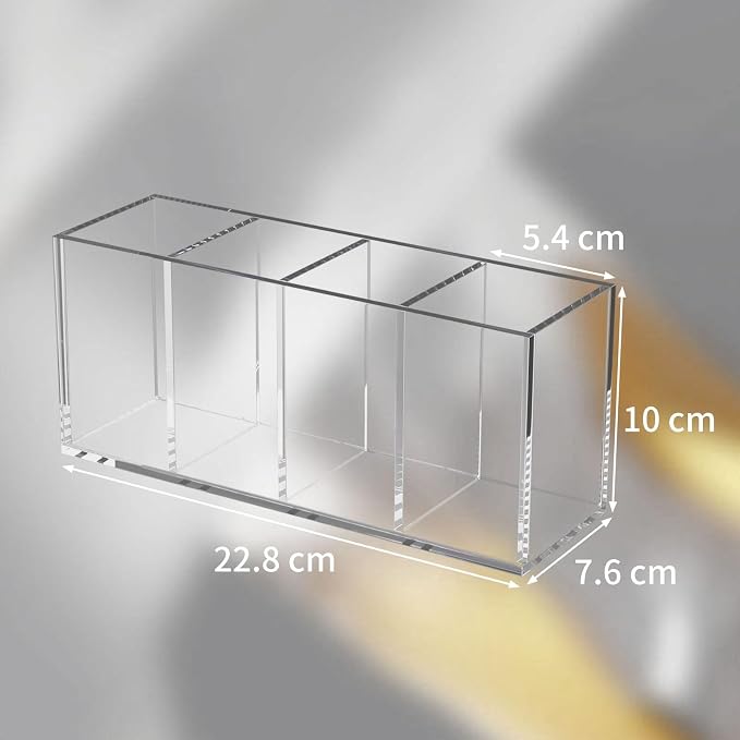 NIUBEE Acrylic Pen Holder 4 Compartments, Clear Desk Pencil Organizer Cup | Scratch-resistant thick acrylic with 4 slots for pens, pencils, makeup brushes, office, vanity and school use