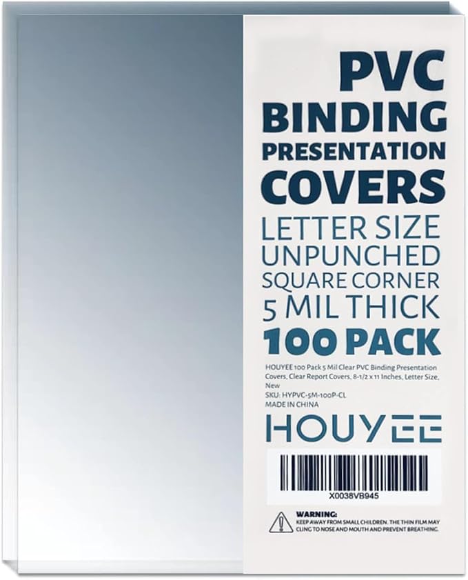 HOUYEE 100 Pack 5 Mil Clear Binding Presentation Covers,PVC,8.5" x 11" | Clear Covers for Binding, Transparent Plastic Binding Covers, Square Corner, Letter Size, for School Office
