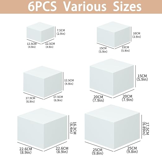 6PCS White Acrylic Buffet Risers Food Display Stands for Buffet Table Party Catering Dessert Jewelry Collectibles, Acrylic Cube Nesting Boxes with Hollow Bottoms 6 Sizes (Size 5",6",7",8",9",10")