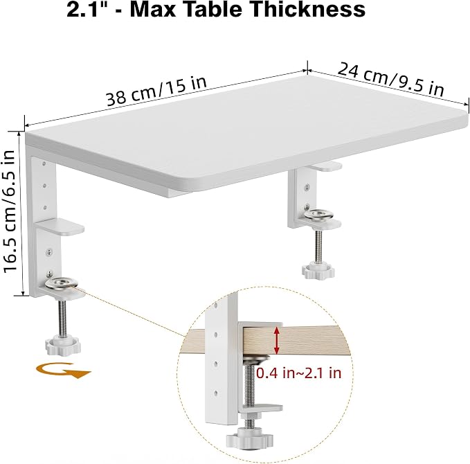 Desk Extender, 15-inch Clamp-On Desk Shelf, Height-Adjustable Desktop Shelf Organizer for Monitors Office and Gaming Accessories, Arm Support Table Extension, 44lbs Heavy Duty, White