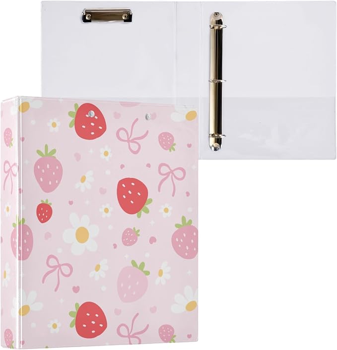 Bow Floral Cute Pink Strawberry Binder 1.5 Inch Binder with Clipboard&Pockets, Hardcover Binders 3 Ring, Heavy Duty Large File Folder for Office School Supplies - Holds 200 Sheets