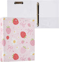 Bow Floral Cute Pink Strawberry Binder 1.5 Inch Binder with Clipboard&Pockets, Hardcover Binders 3 Ring, Heavy Duty Large File Folder for Office School Supplies - Holds 200 Sheets