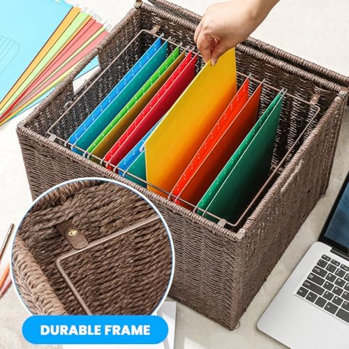 Cinnvoice Extra Large Decorative File Box 18 x 16 x 13 in Wicker Seagrass File Basket Organizer for Letter Legal Size Hand Woven Hanging Filing Cabinet with Lid for Office Paper Rope, Dark Brown