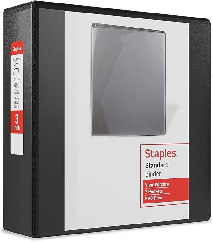 Staples Standard 3-Inch D-Ring View Binder, Holds Up to 600 Sheets, Black, Large Capacity Binder for Office & School