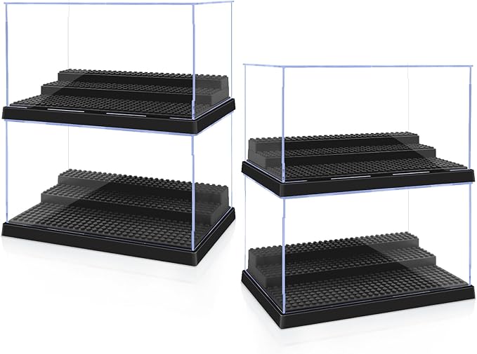 Pokiiulk Display Cases for Minifigures, 4 Mini-Figure Display Boxes Fits for Block Figures, Minifigures Cases with 3 Removable Stands Fits for Minifigs, Characters Models, L, Black