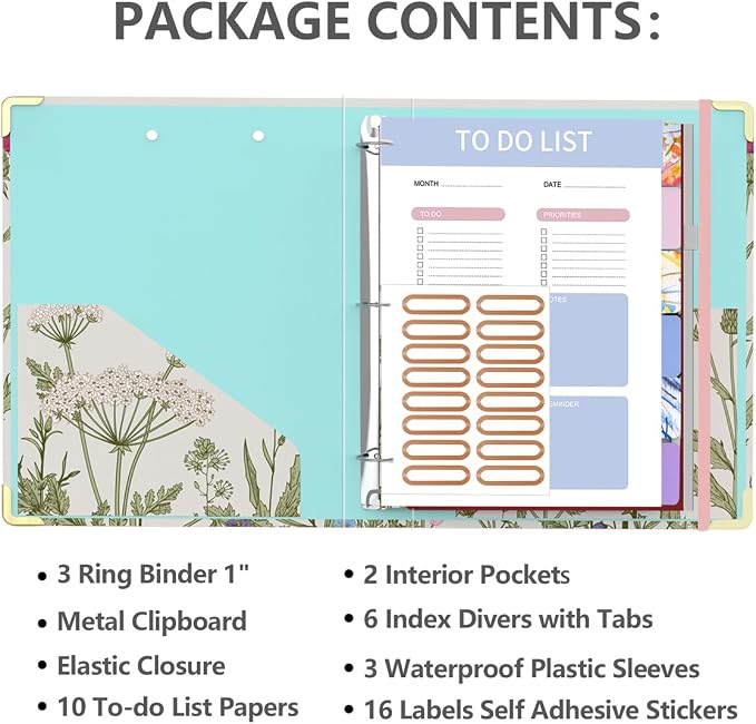 3 Ring Binder, 1 Inches Cute Round Ring Binder with Clipboard, Dividers Tabs, PVC Zipper Bag Sleeves & to Do List Planners, Decorative Binder School, Office Supplies-Garden Flowers