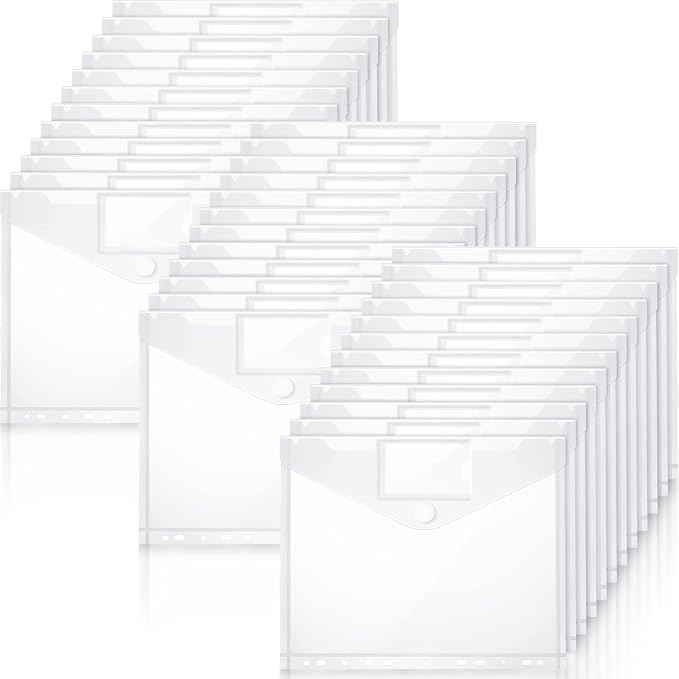 Yeaqee 100 Pcs Binder Pockets 11 Holes, Clear Poly Binder Envelopes with Hook Loop Closure and Label Pocket, Fits 8.5x11 Letter Size for 2/3/4 Ring Binders, Back to School Supplies