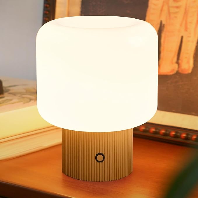Halo Mushroom Lamp, 5W Cute Cordless Rechargeable Table Lamp with Glass Shade, 3 Color Temps LED Dimmable Ambient Lighting, Small Retro Touch Bedside Light for Bedroom Decor, Mustard Yellow