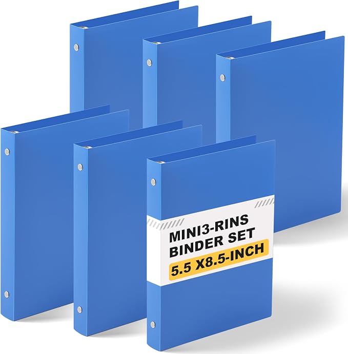 Henoyso 1 Inch 6 Pack Mini 3 Ring Binders for 5.5"x8.5" Paper,Blue | Holds 200 Sheets, Plastic Small Binders, Round Three Rings, Flexible PP Covers, School Office, Photo Album Planner Journal