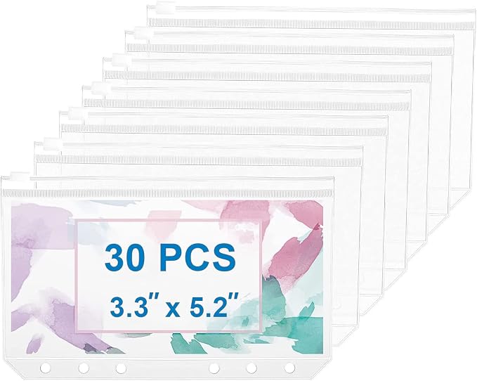 30pcs A7 Mini Binder Pocket Clear Budget Planner Inserts Zipper Pouch Bulk Binder Organizer Cash Envelopes for Budgeting Waterproof PVC Loose Leaf Bags Card Sleeves for 6 Ring Notebook