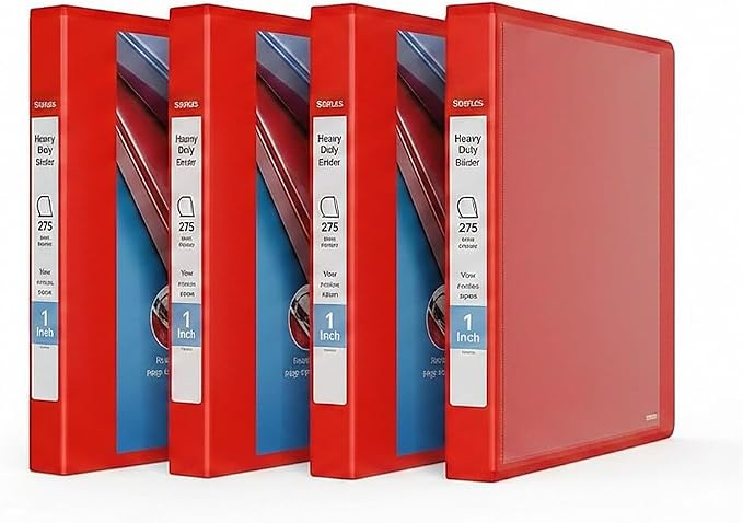 Staples Heavy Duty 1" 3-Ring View Binder, D-Ring, Red, 4/Pack