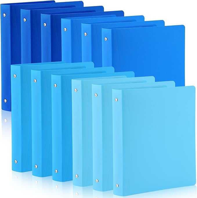 CHENGU 12 Pack Plastic 3 Ring Binders 1 Inch with Pocket | Flexible Soft Binder, Blue Binder, Holds 200 Sheets, Round Ring, School Office Meeting Supplies