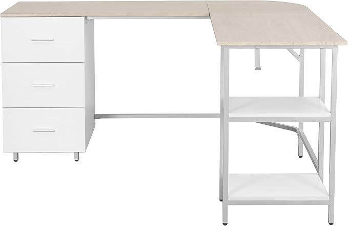 Techni Mobili 59" Two-Tone L‑Shaped Office Desk with Storage Shelves, Sand | 59" two‑tone L‑shaped desk with storage shelves, durable frame, modern corner workstation, spacious home office writing space