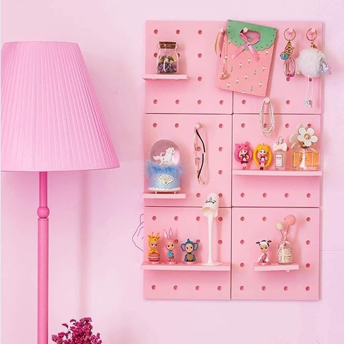 Kawaii Peg Board with Hook, Trinket Shelf for Bedroom, Cute Display Decor | 4 Pack Pegboard Ledges Organizer for Hanging Keychains, Decorative Wall Panel Kits for Blindboxes Lightweight Dolls, Pink