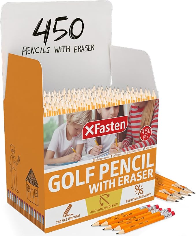 XFasten Golf Pencils with Erasers Bulk, 450-Pack 3.5" #2 HB Pre-Sharpened Easy-to-Grip Half Mini Golf Pencils for Kids, Adults, and School Supplies - Hexagonal, Smooth Writing, and Non-Smudging