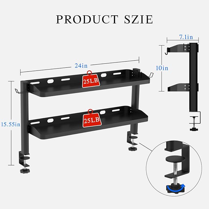 Clamp on Desk Shelf, 24in 2-Tier Office Desk Shelves Organizer, Shelf for Top of Desk with Headphone Holder and Hooks, Desktop Storage Rack for Home Workspace, Study Rooms, Gaming Accessories