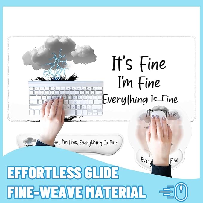 Black Cat Mouse Pad Set It's Fine I'm Fine Everything is Fine Gaming Mousepad 4in1 Desk Mat for Desktop Anti-Slip XXL Big Computer Ergonomic Mousepad with Wrist Support for Keyboard and Mouse