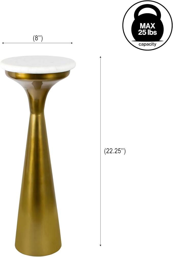 JONATHAN Y Oliver 8" Round Marble Pedestal Drink Table, Gold/White | 22.25" High Modern Martini Cocktail Accent Stand, Small Side Furniture, No Assembly, Mid-Century Glam Style