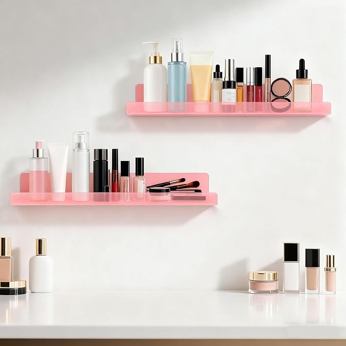 Dezzer 4 Pack Acrylic Shelves for Wall, 15" Acrylic Floating Shelves for Bathroom Bedroom, Invisible Bookshelf Wall Ledge Storage Shelf Books Perfume Toys Action Figure Display Shelves, Pink