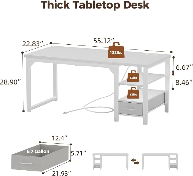 54" Computer Desk with Drawer, 1.2" Thick Reversible Office Desk | Modern Writing Table with Power Outlets & Storage Shelves, Heavy Duty Industrial Executive Desk for Home Bedroom Study Work