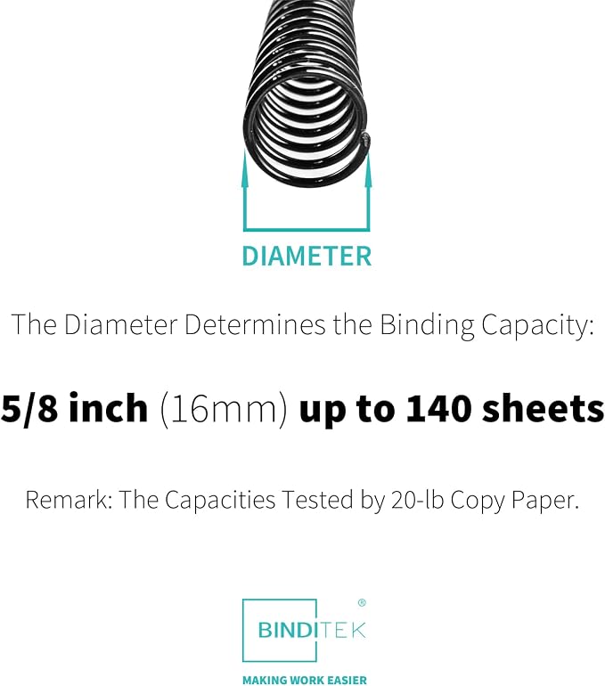 Binditek Plastic Spiral Binding Coils, 16 mm, 4:1 Pitch, Black, 100 Pack | Coil Binding Spines, 5/8", 140 Sheet Capacity, 48 Loops, for Letter-Size Reports, Presentations, School and Office Projects
