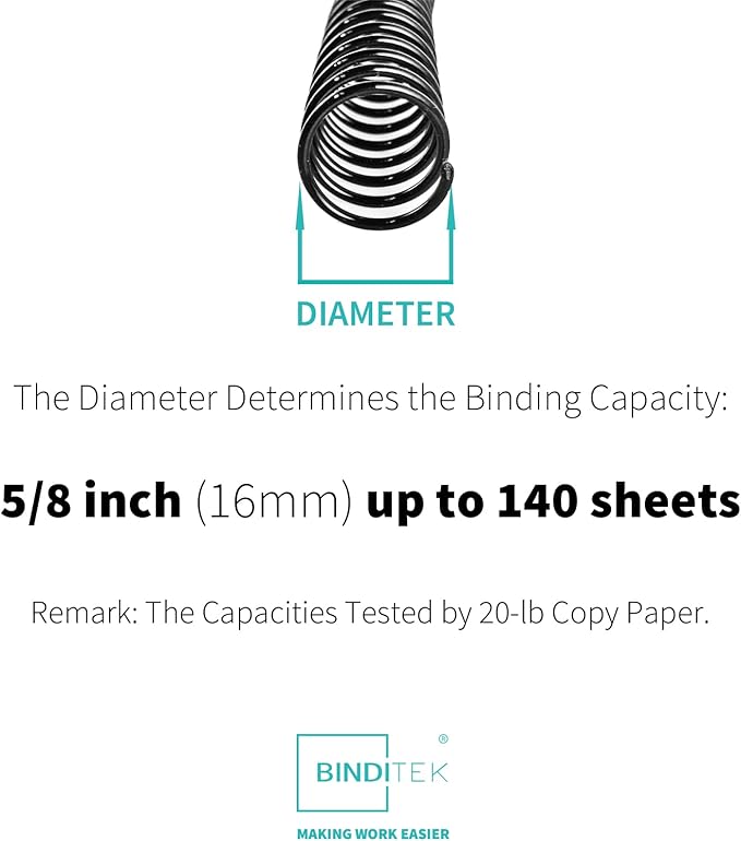Binditek Plastic Spiral Binding Coils, 16 mm, 4:1 Pitch, Black, 50 Pack | Coil Binding Spines, 5/8", 140 Sheet Capacity, 48 Loops, for Letter-Size Reports, Presentations, School and Office Projects