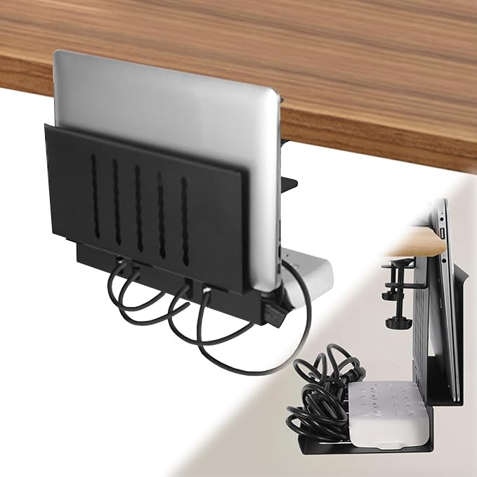 LUKETURE Desk Side Storage, Under Desk Laptop Mount with Cable Tray | 2-in-1 Steel laptop mount clamps to desk side, no drilling. Built-in cable tray hides cords. Holds 30 lbs, Office and Home