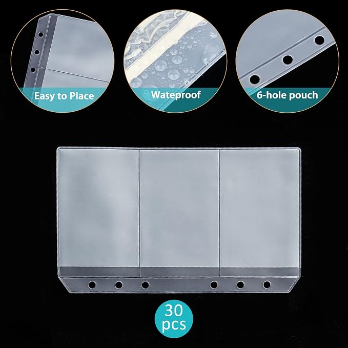 30pcs Trisection A6 Binder Pocket no Zipper Clear Budget Planner Inserts Bulk Binder Organizer Cash Envelopes for Budgeting Waterproof PVC Loose Leaf Bags Card Sleeves for 6 Ring Notebook