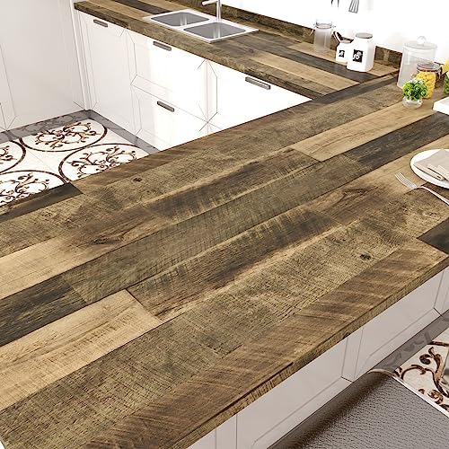 WESTICK Brown Wood Counter Top Peel and Stick Waterproof Wood Contact Paper Self Adhesive Wooden Wallpaper Rustic Wooden Vinyl Countertop Wrap for Countertops Tables Kitchen Cabinets 15.8" x 78"