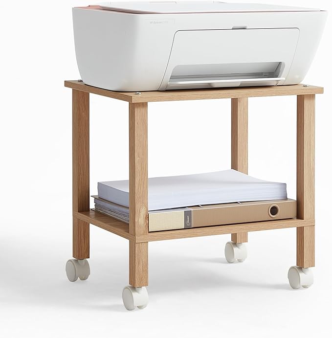 YUFAM 2 Tier Printer Stand with Storage,Under Desk Shelf Printer Table,Small Printer Stand with Wheels,Rolling Printer Cart for Office | Wooden Small Printer Table for Home Office, Rolling Printer Cart Shelf with Lockable Wheels