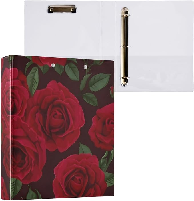 3 Ring Binder Red Rose Black Roses 1.5 inch Binders Three Ring Binders with Clipboard Fit 8.5'' x 11'' Paper 3 Interior PVC Clear Pockets for Office Supplies