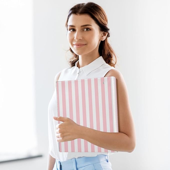 Aslsiy 3 Ring Binder 1.5 Inch Pink and White Striped Round Clipboard Binder Cute Decorative Harcover Binders Organizer for Office Supplies