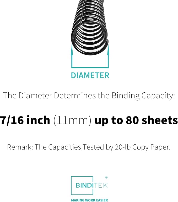 Binditek Plastic Spiral Binding Coils, 11 mm, 4:1 Pitch, Black, 100 Pack | Coil Binding Spines, 7/16", 80 Sheet Capacity, 48 Loops, for Letter-Size Reports, Presentations, School and Office Projects
