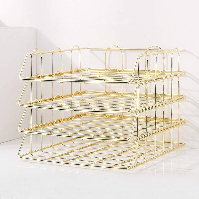 Jolitac Rose Gold 4-Tier Stackable Paper Tray Desk Organizer, Workspace Decorative Stacking Rack Supplies Holder, Metal Letter Trays for File Documents in Home & Office (Gold)