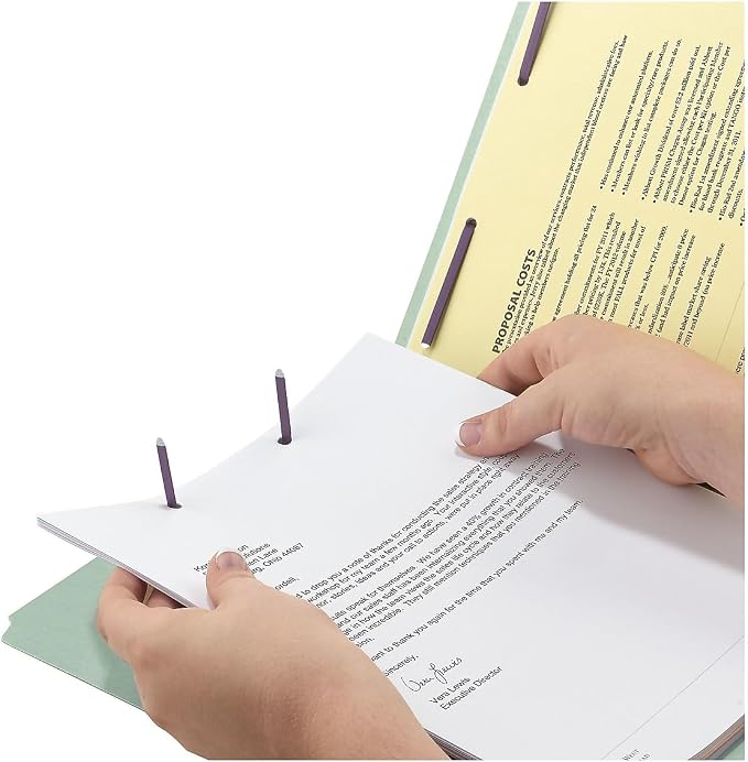 Smead End Tab Pressboard Fastener File Folder with SafeSHIELD Fasteners, 2 Fasteners, 3" Expansion, Letter Size, Gray/Green, 25 per Box (34725)
