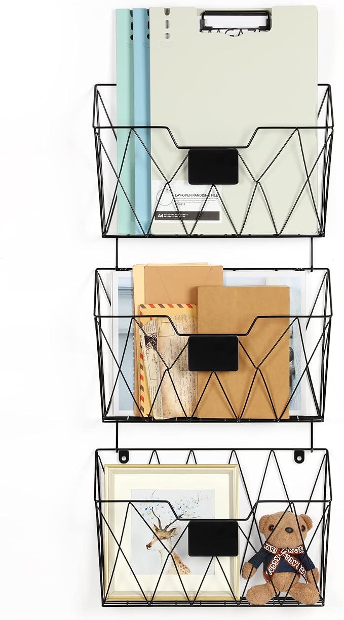 Wall File Organizer, 3 Pack Metal Wall Basket File Holder for Home Office | Vertical Hanging File Organizer, Mail Organizer Wall Mounted Magazine with Label Slot & Hooks, Sorts paper, Mails & Supplies