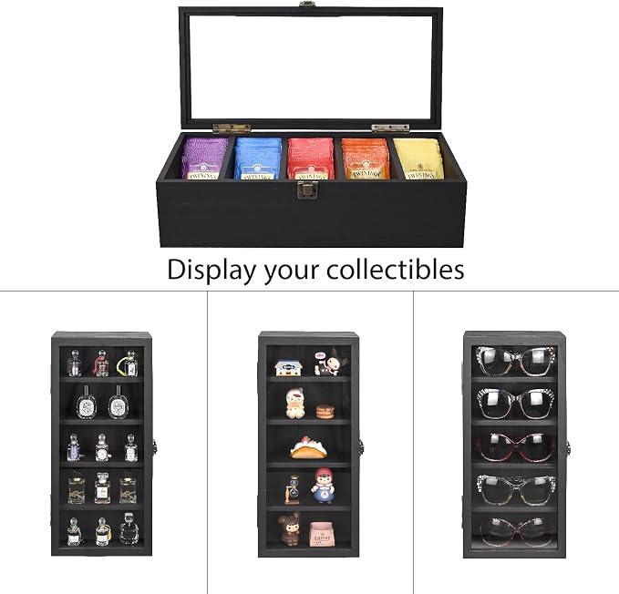 Ikee Design Wood 5 Shelf Wall-Mounted Case Display,Tempered Glass Door | Wall Mounted Wooden Collectible Display Case 5 Shelf Display Storage Accessories with Tempered Glass Door, Black Color